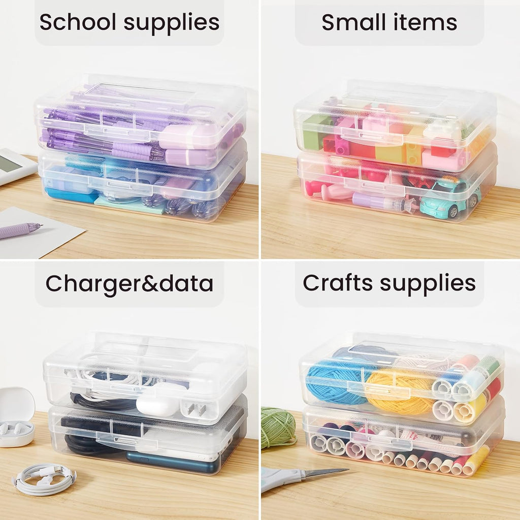 Sooez Plastic Pencil Case Box 6 Pack, Large Craft Storage Boxes Bulk | Plastic Containers with Snap-tight Lids, Art School Supply 0rganizer, Marker Bead Pen Bins Organizer, Stackable, Multicolor