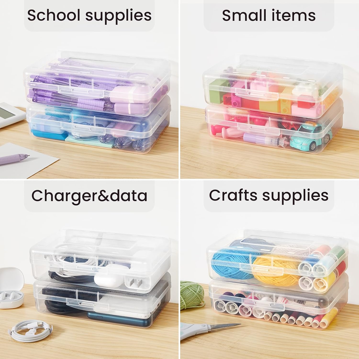 Sooez Plastic Pencil Case Box 6 Pack, Large Craft Storage Boxes Bulk | Plastic Containers with Snap-tight Lids, Art School Supply 0rganizer, Marker Bead Pen Bins Organizer, Stackable, Multicolor