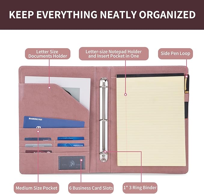 Geslun Vegan Leather 3 Ring Binder, 8.5 x 11 Letter Size Folio - Image 8
