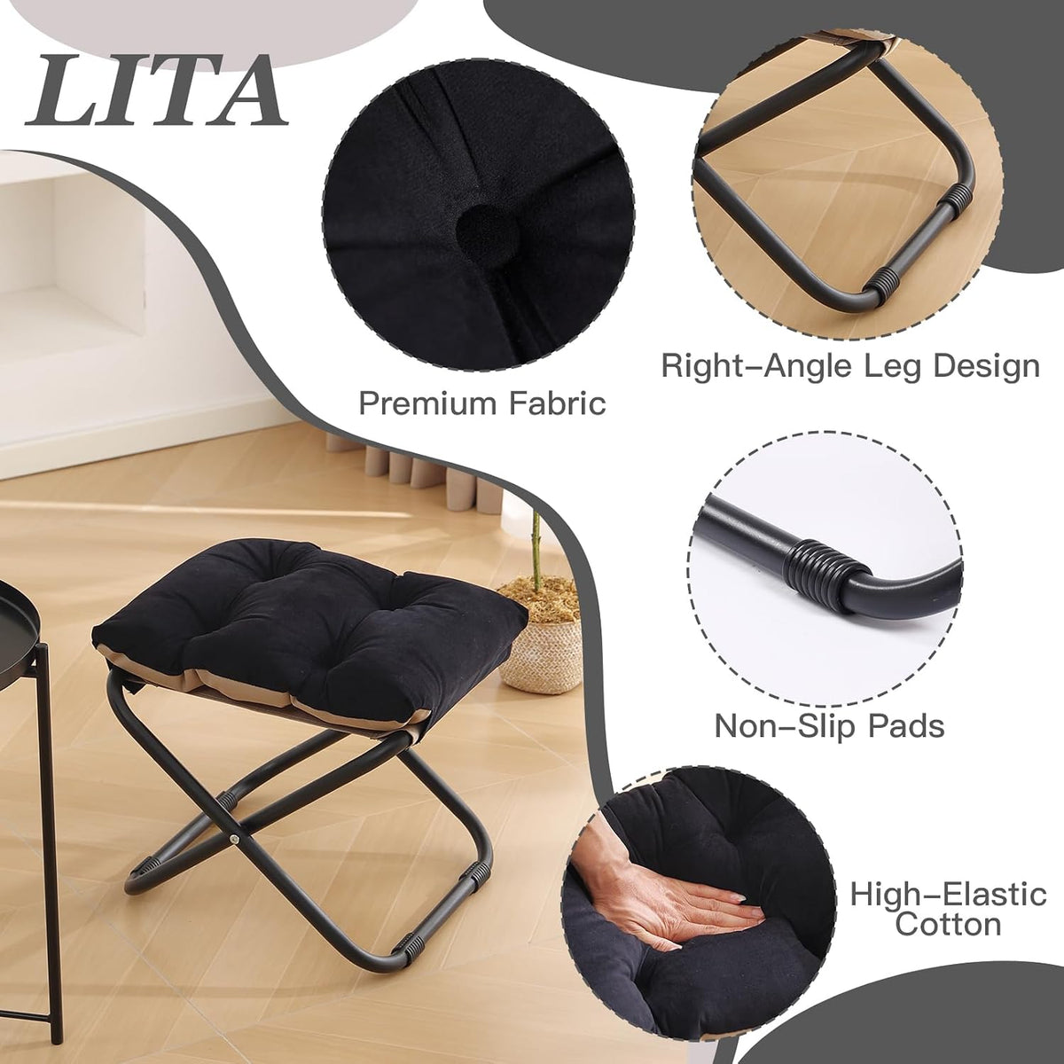 LITA Folding Ottoman, Upholstered Folding Foot Rest Stool for Living Room