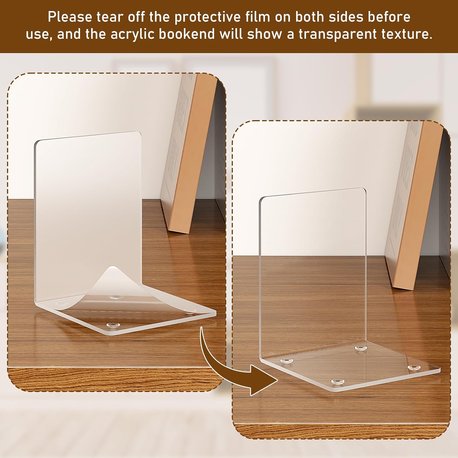 VFINE Acrylic Bookends 6 Pieces, Clear Book Ends for Shelves, Book Holders for Shelves, Transparent Book Dividers for Shelves, Stylish Book Stopper Organizer for Home Office Desktop Supplies