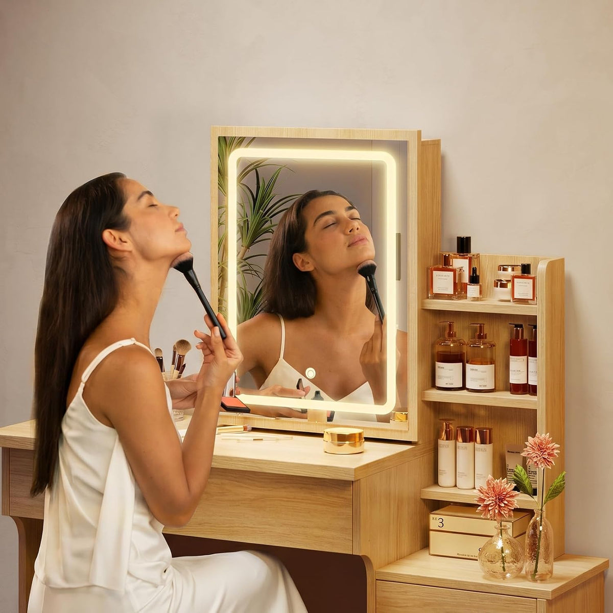 Memobarco Wood Makeup Vanity Desk with Sliding Mirror & 4 Drawers