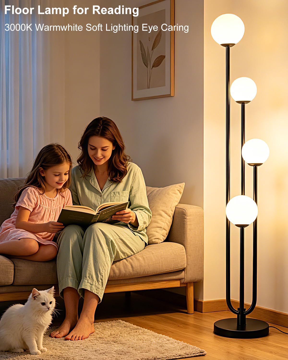 63IN 4-Light Globe Floor Lamp, Unique Black Tall Standing Lamps with 3000K Bu...