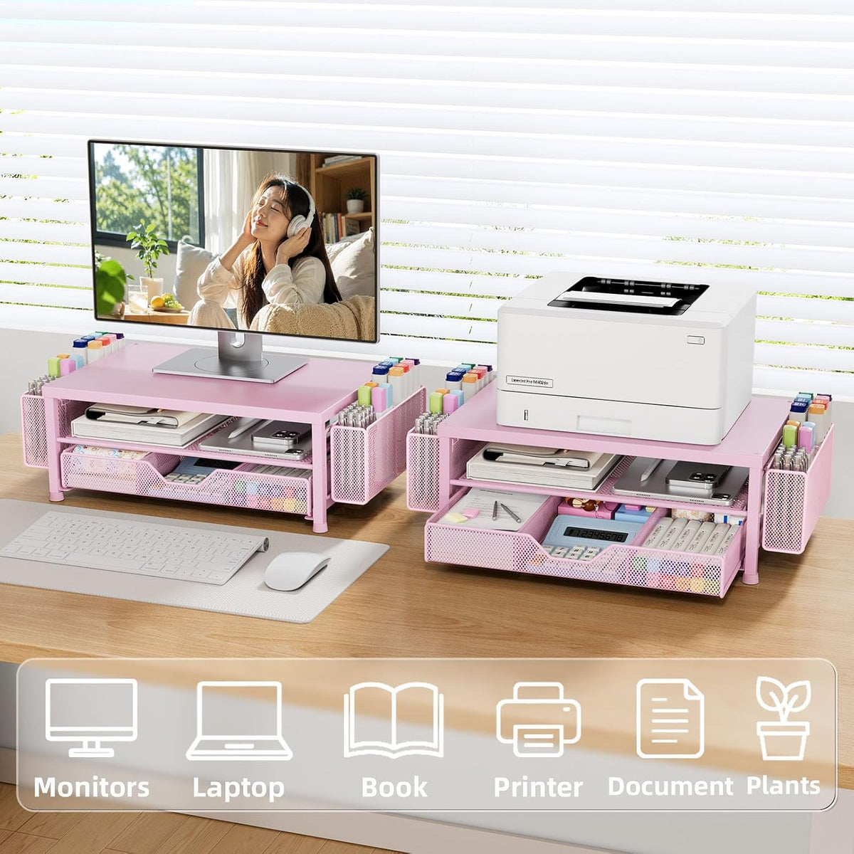 Monitor Stand Riser with Mesh Drawer and 2 Side Pen Holders, Pink Metal Top