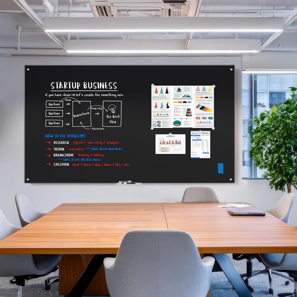 Maxtek Black Magnetic Glass Whiteboard 72 x 48in, Frameless Dry Erase Board