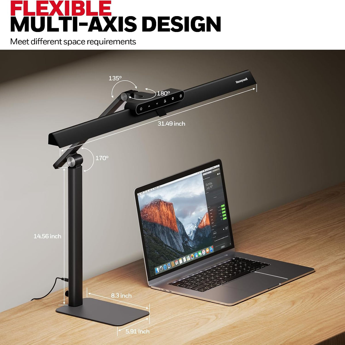 honeywell hj1bk eye-caring 1200lm led architect desk lamp showing dimensions