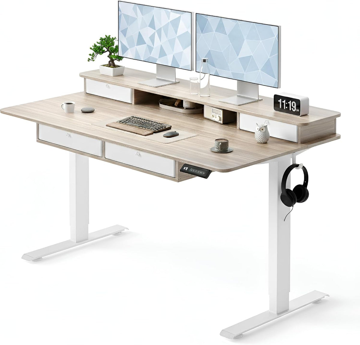 CubiCubi 55" x 30" Standing Electric Desk with Drawers, Light Rusti...