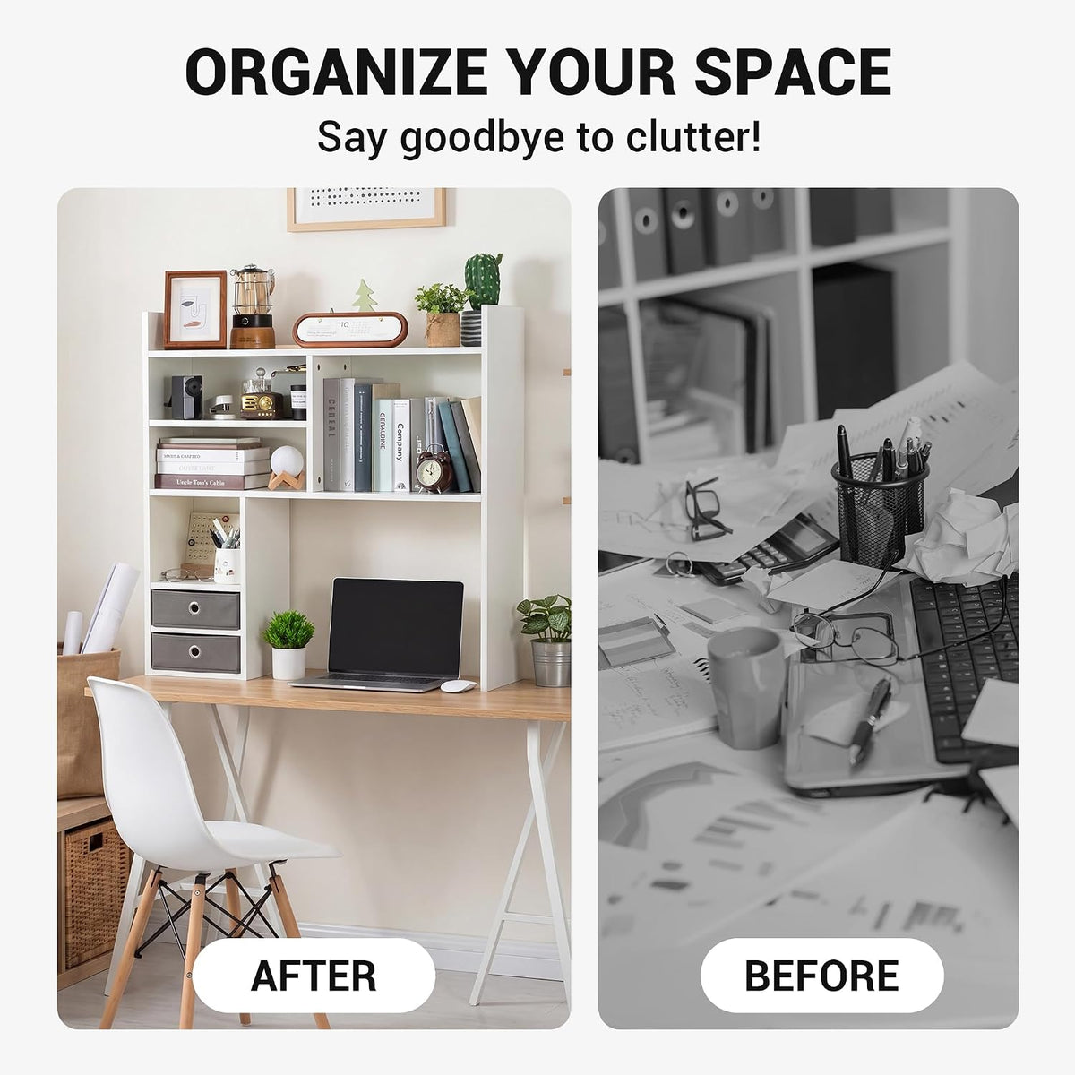 deli Desktop Bookshelf, High-Capacity Desk Hutch Organizer, White