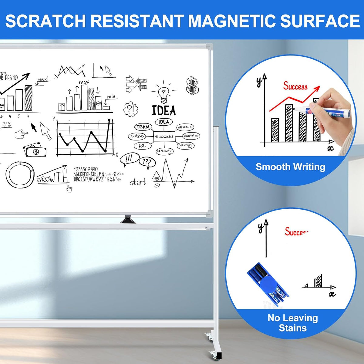 96"x48" Large Magnetic White Board Dry Erase Whiteboard with Rollin...
