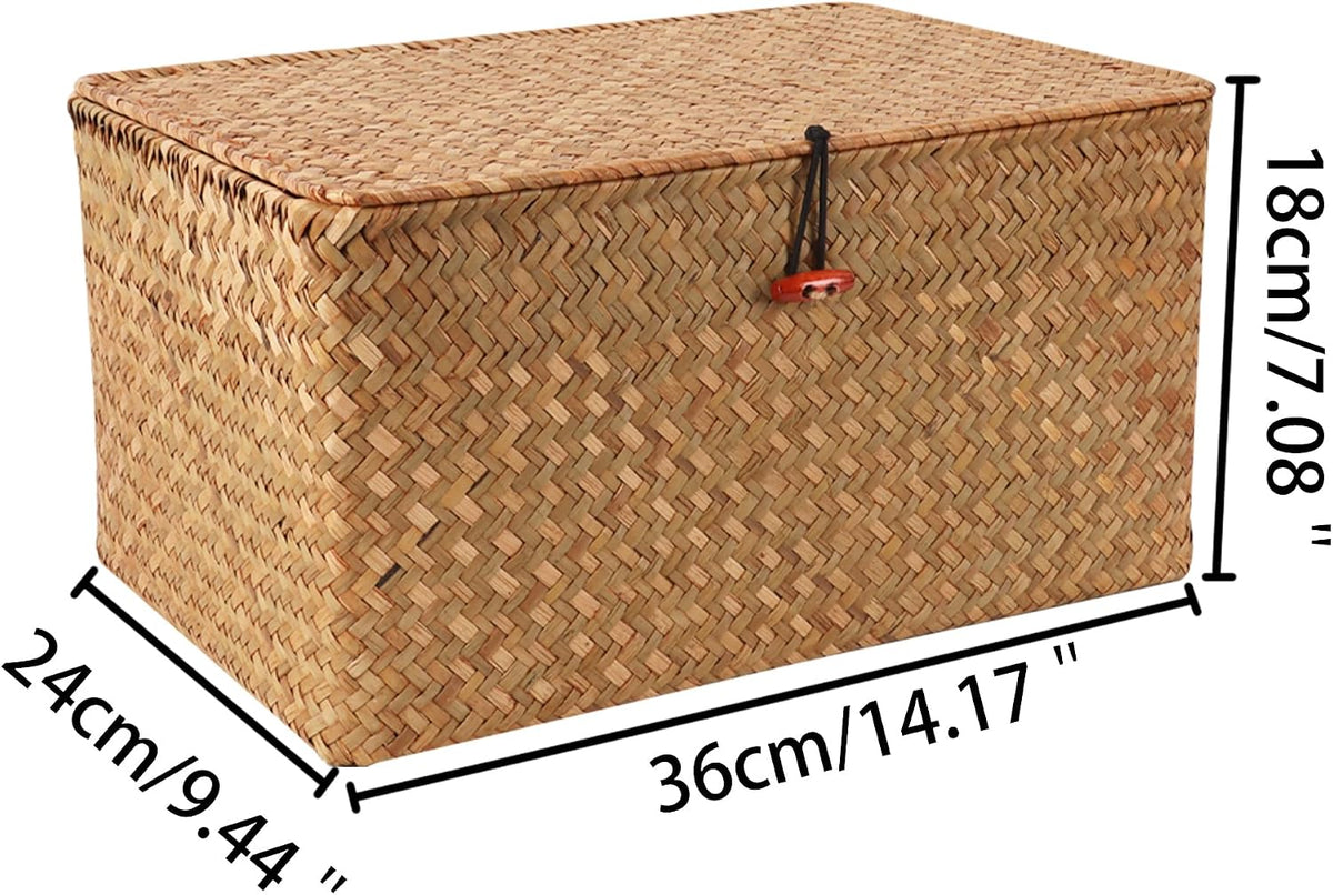 Moosky Wicker Shelf Baskets with Lid,Natural Seagrass Storage Basket Boxes Ha...