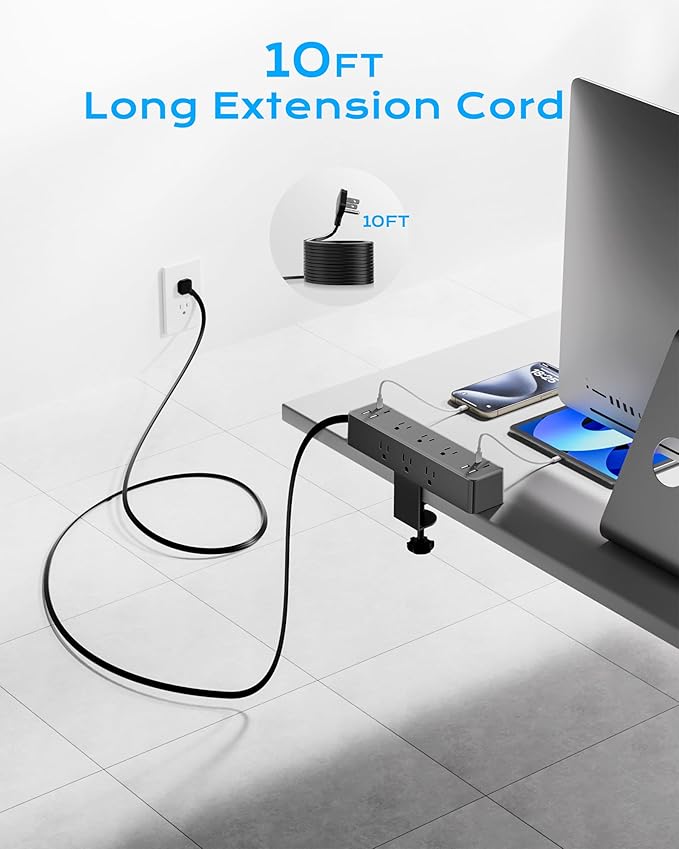 Flat Plug Desk Clamp Power Strip 10FT, 24W Total Charging Station, Desk Edge - Image 5
