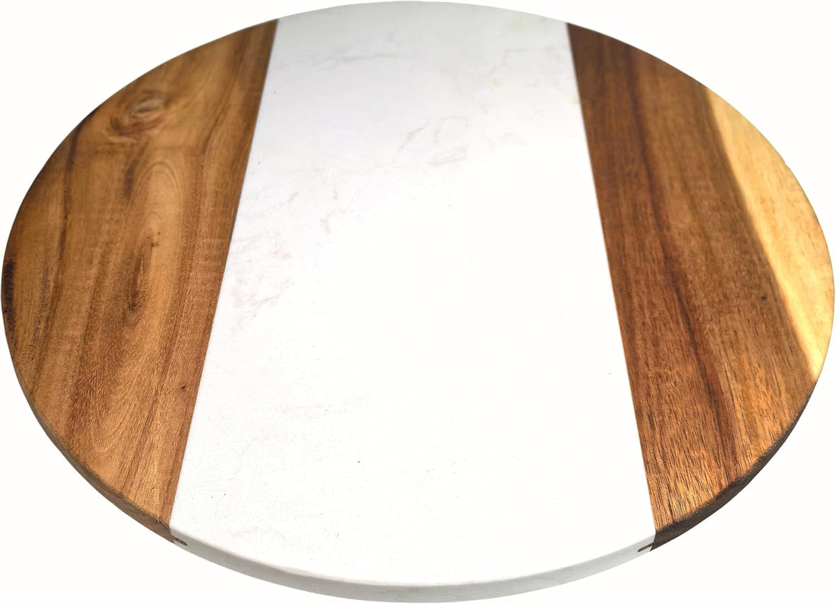 13" Marble & Wood Lazy Susan, Rotating Stone Tabletop Tray