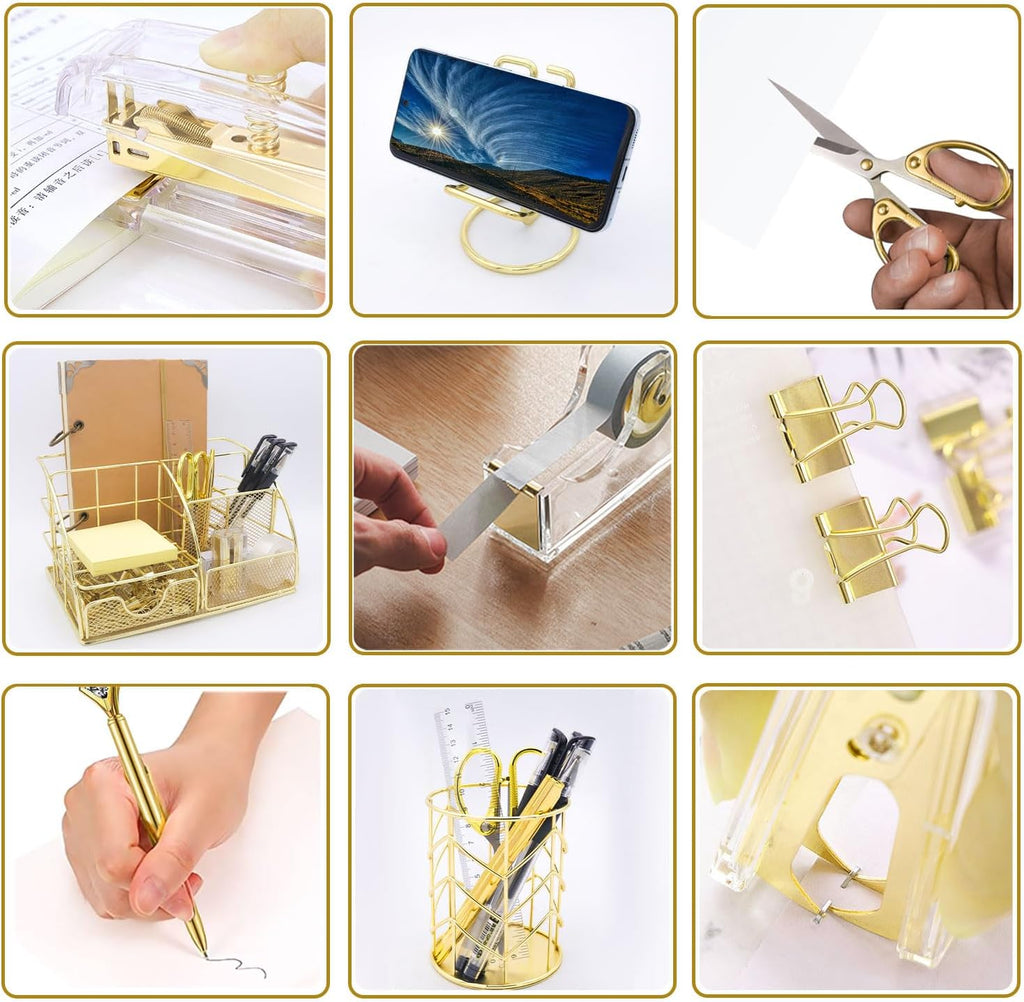 gold office desk organizers, 13pcs office supplies and, side view