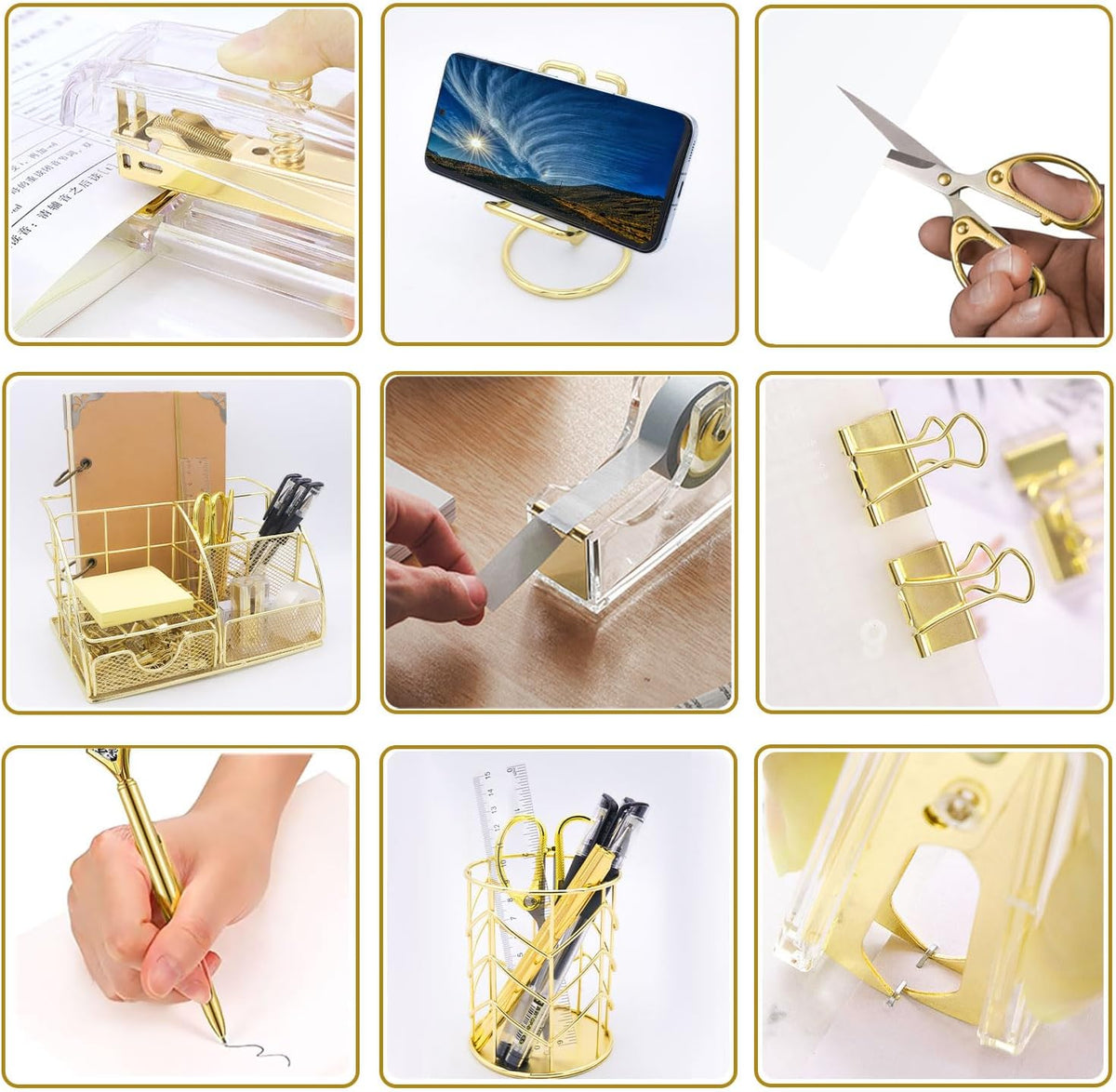 gold office desk organizers, 13pcs office supplies and, side view
