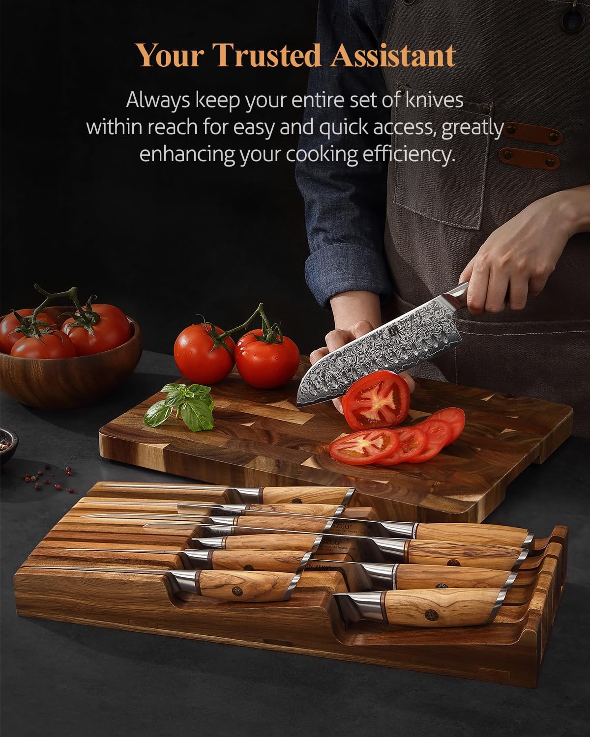 XINZUO In-drawer Knife Block, Natural Acacia Knife Drawer Oganizer, Insert-Ki...