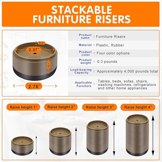 Furniture Risers Bed Risers Heavy Duty 1 inch, 2 inch, 3 inch, 4 inch Round - Image 2