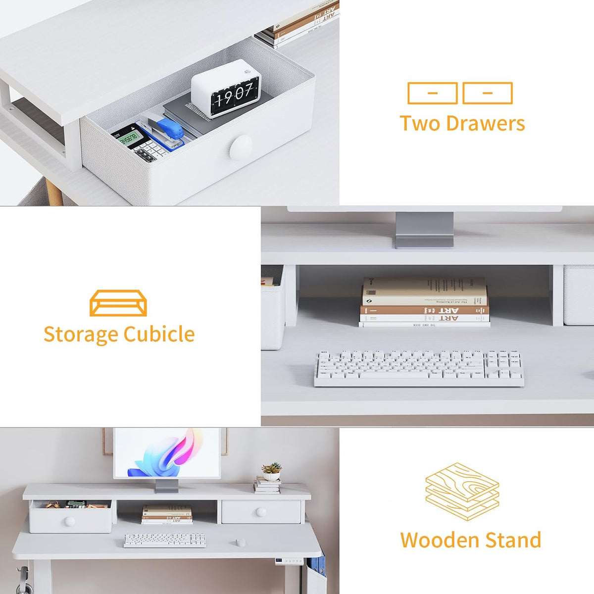 KLUVIS White Electric Standing Desk with Drawers, 40 Inch