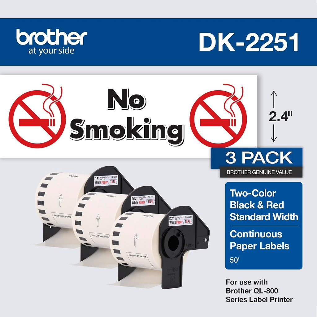 Brother Genuine DK-22513PK Continuous Length Replacement Labels, Black/Red Label on White Paper Tape, Engineered with Excellence, 2.4” x 50 feet, (3) Rolls per Box (DK22513PK)