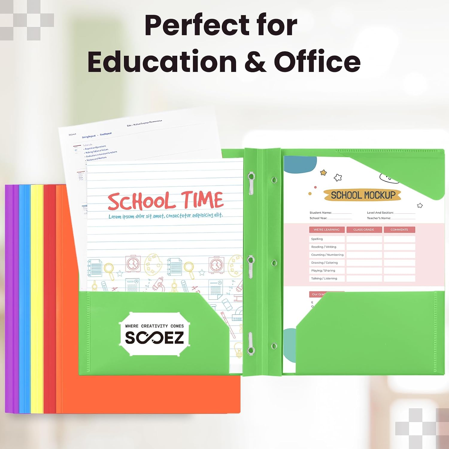 Sooez Plastic Folders with Pockets and Prongs, Pocket Folders with Prongs | 6 Pack Heavy Duty 3 Prong 2-Pocket Folders for Document, Colored File Folder Back to School Supplies for Kids