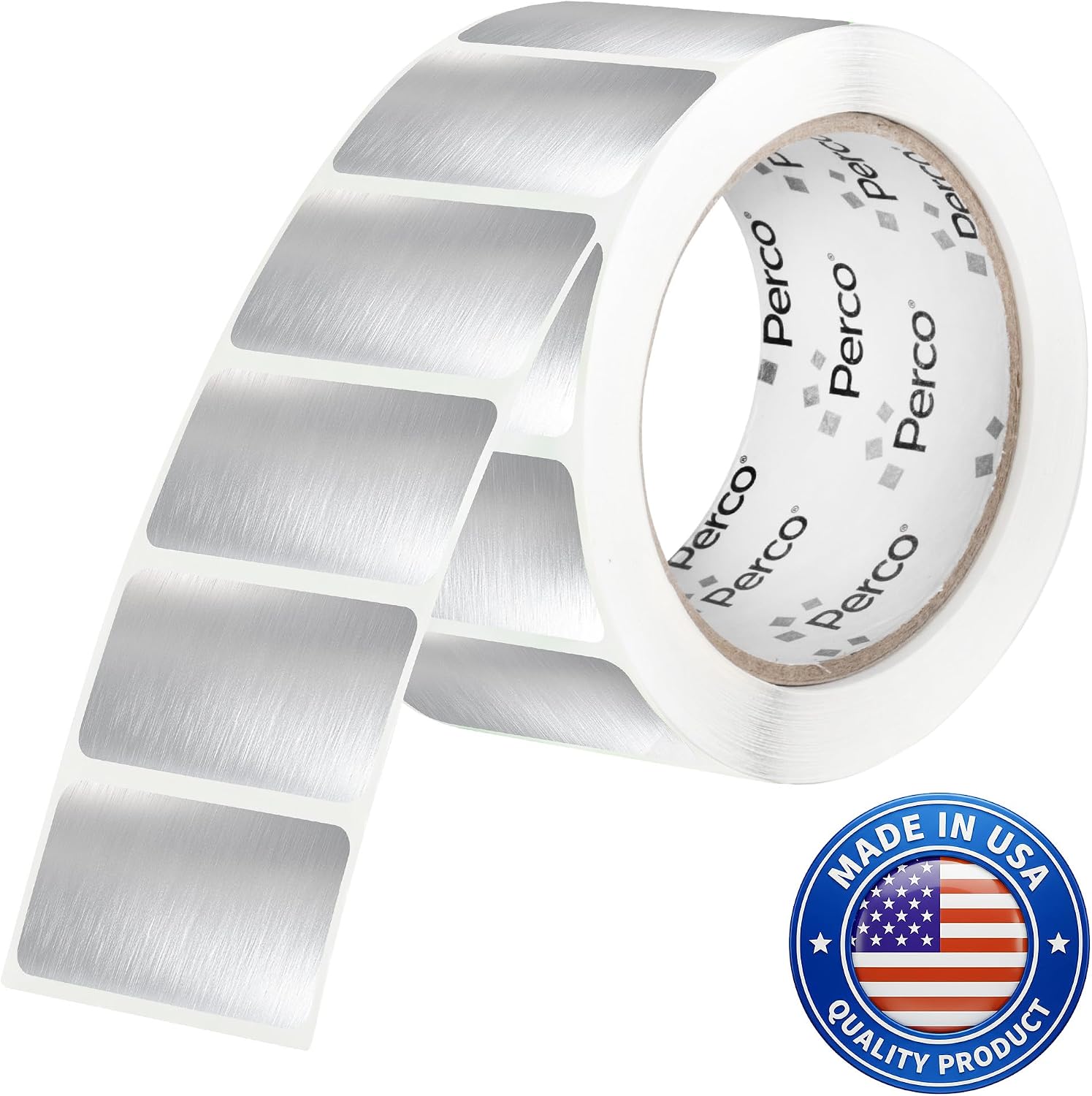 Perco Metallic Silver 1x2 Inch Sticker Labels with Perforation for Easy Tear-Off — 500 Stickers Per Roll — Strong Adhesion, Asset Tags, Tech Labels & Modern Identification — Made in USA