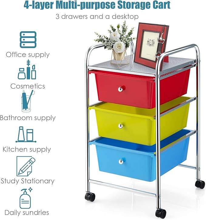 Giantex Rolling Cart with Drawers, Craft Organizer with Wheels, 3 Drawer - Image 8