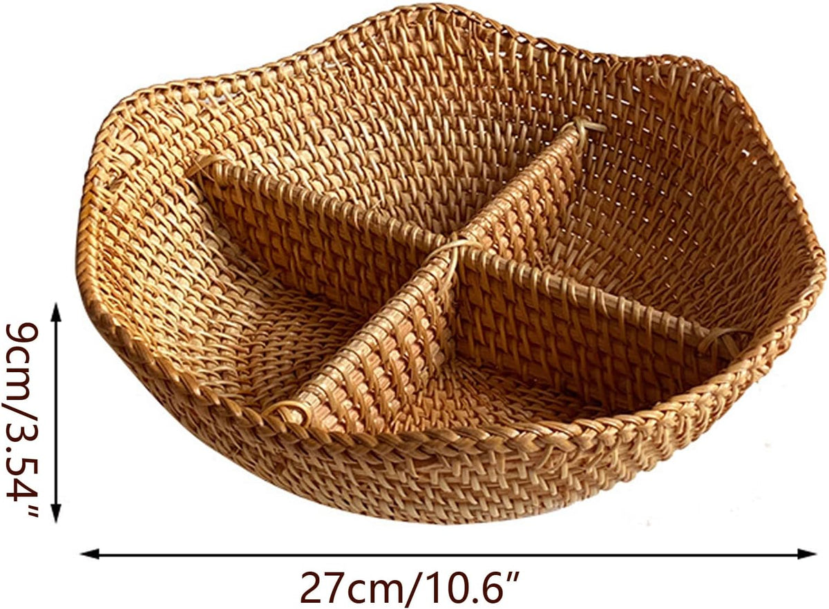 i-lan 11" Divided Rattan Serving Tray, 4-Compartment Woven Snack Bowl