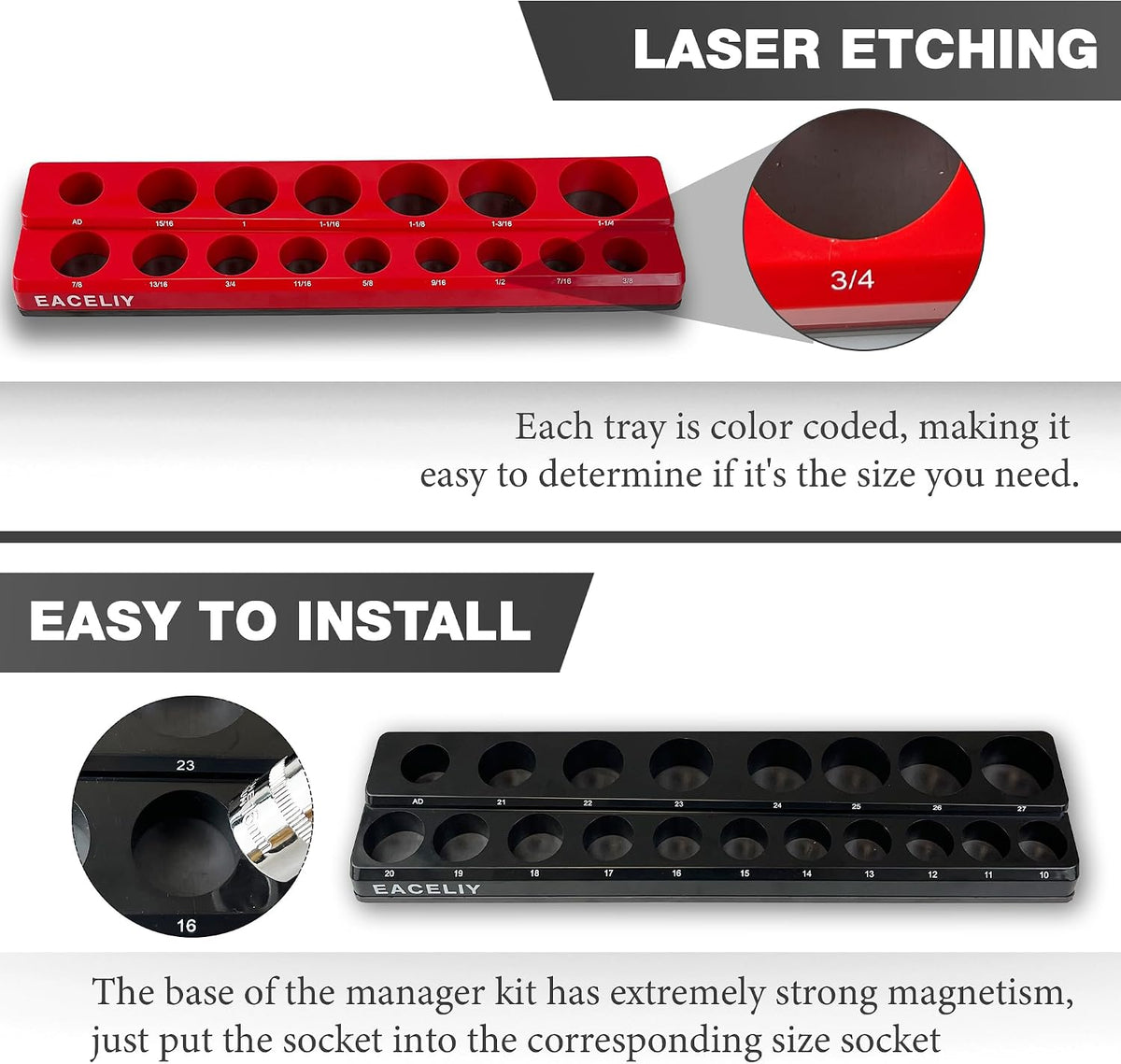 EACELIY Magnetic Socket Organizer Set, 1/2", 1/4" and 3/8" SAE...