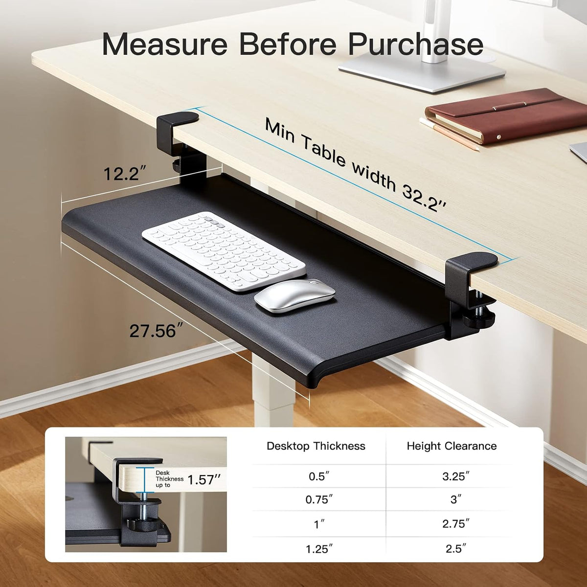 HUANUO Keyboard Tray Under Desk with C Clamp-Large Size, Steady Slide Keyboar...