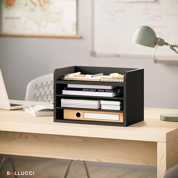 Ballucci File Organizer, 4-Tier Office Desk Organizer, Open Top Wood Paper - Image 6