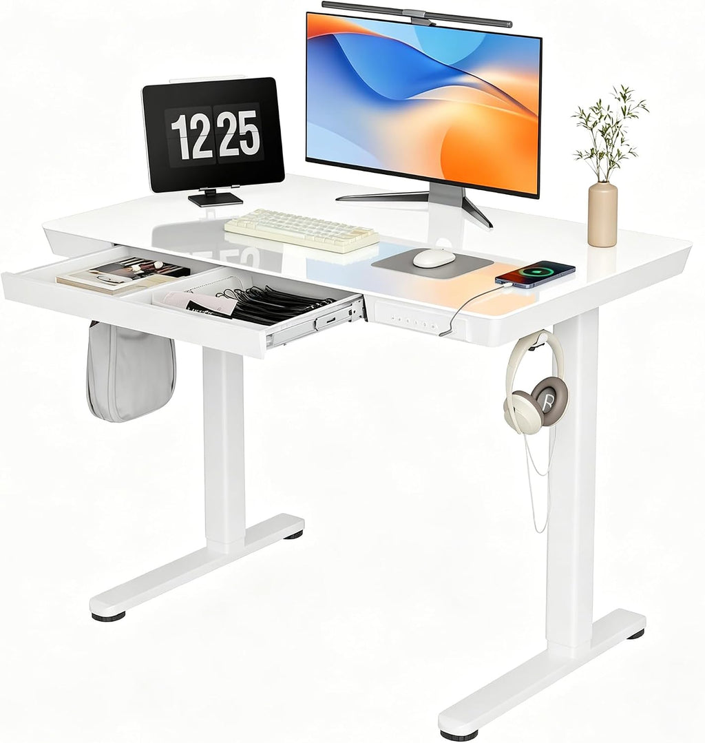 INNOVAR 40" Small Glass Standing Desk with Drawers & USB Ports, Whole-Piece Glass Top Adjustable Height Desks, Quick-Install Electric Sit-Stand Up Desk for Home Office & Computer Workstation, White