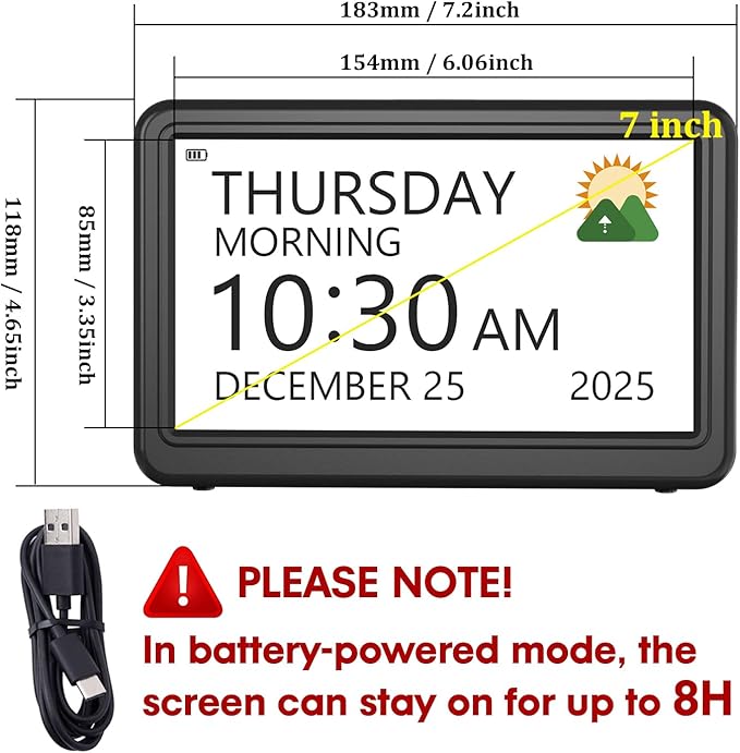 Clock with Day and Date for Elderly Battery Operated, Rechargeable Digital - Image 2