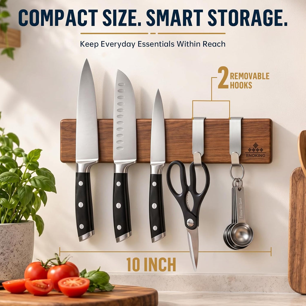 magnetic knife holder for wall, 10 inch acacia showing dimensions