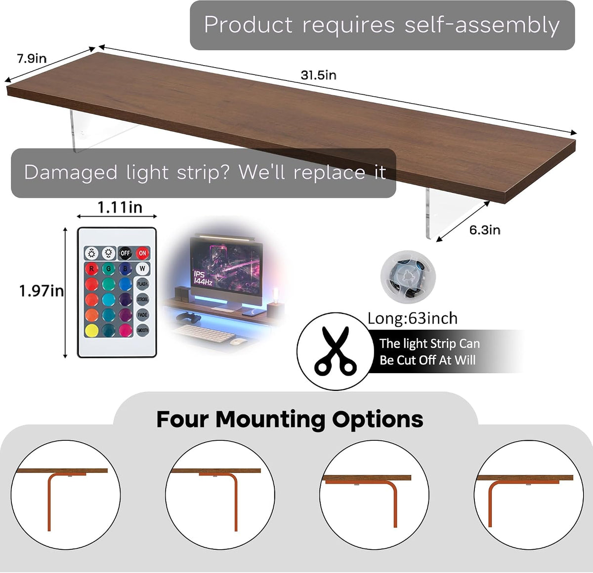 Monitor Stand Riser,Wood & Acrylic Computer Monitor Stand with LED Strip ...