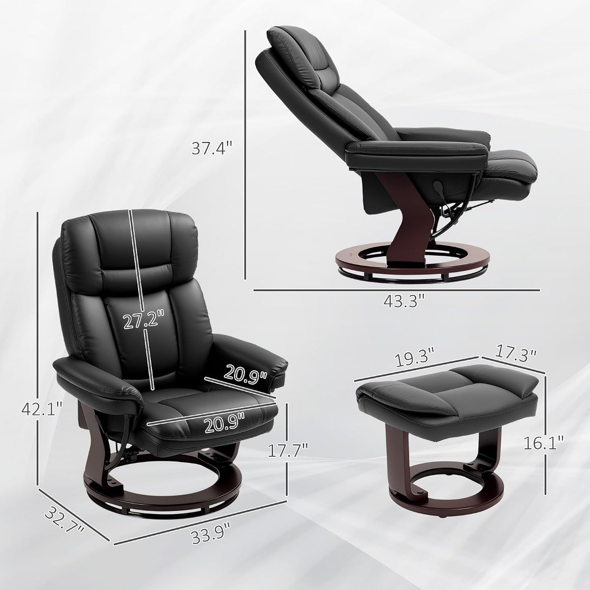 HOMCOM Swivel Recliner Chair with Ottoman, Adjustable Backrest Black