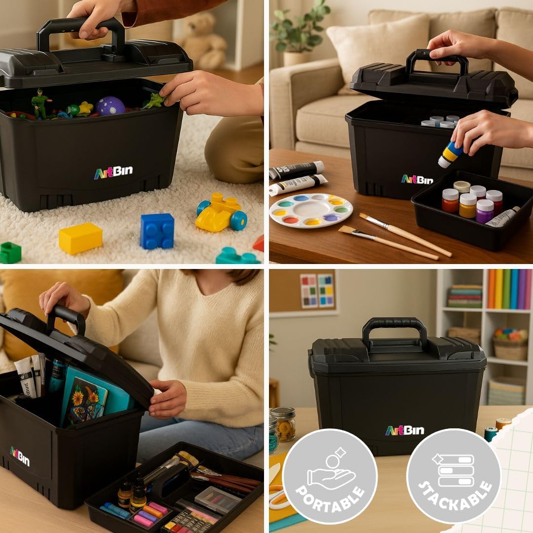 artbin sidekick xl carrying case with handle, black on a desk or shelf