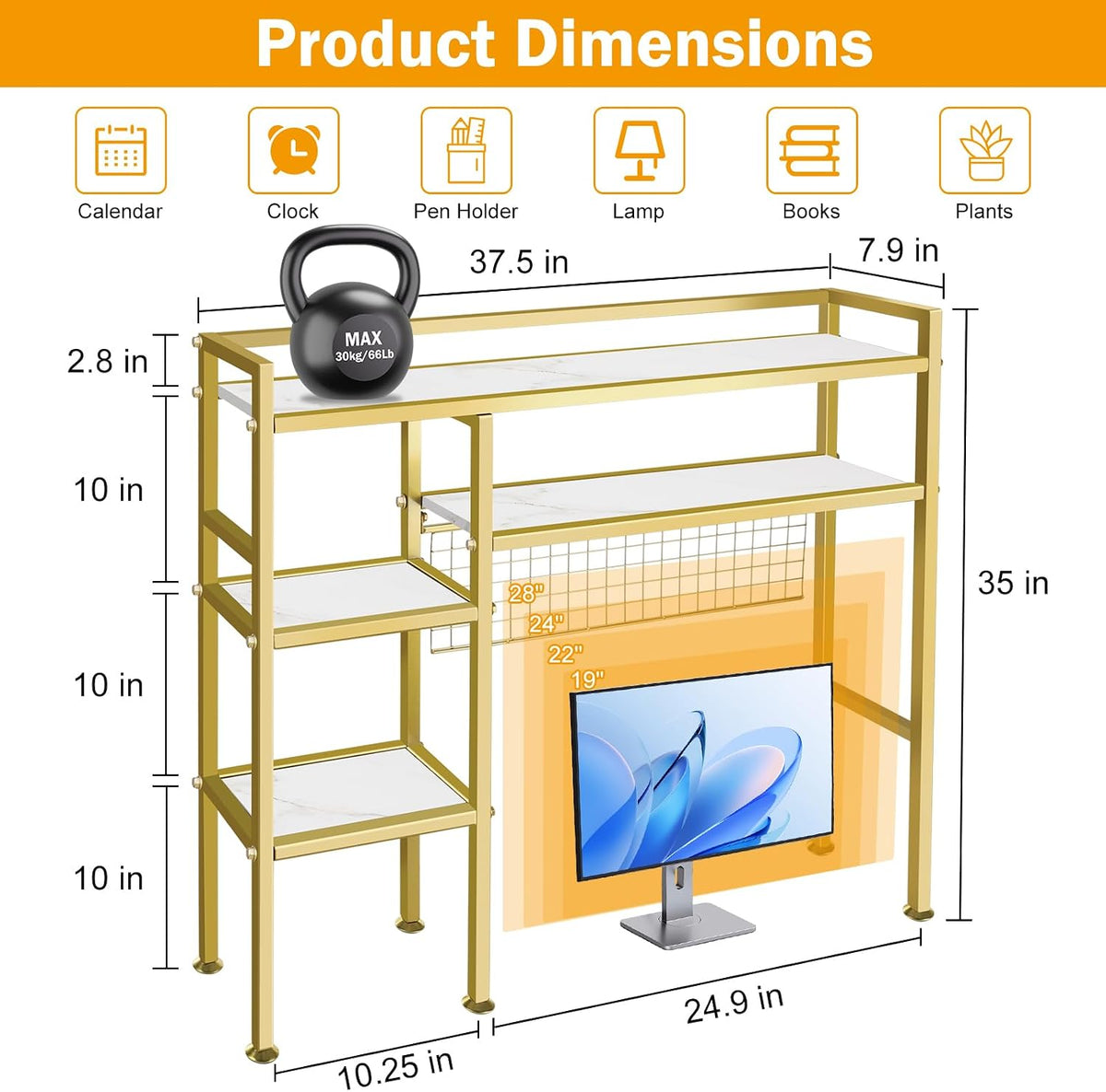 Desk Shelf with Grid Panel, 37.5" Desktop Hutch Organizer, 4-Tier Desk B...