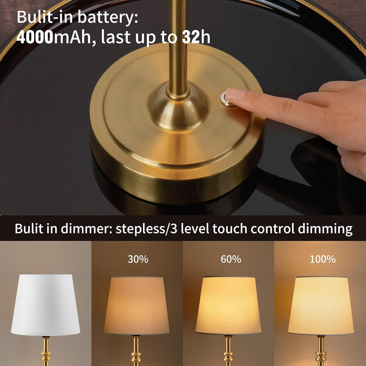 ONEWISH Small Cordless Lamp Dimmable-Battery Operated Table lamp, 4000mAh Rec...
