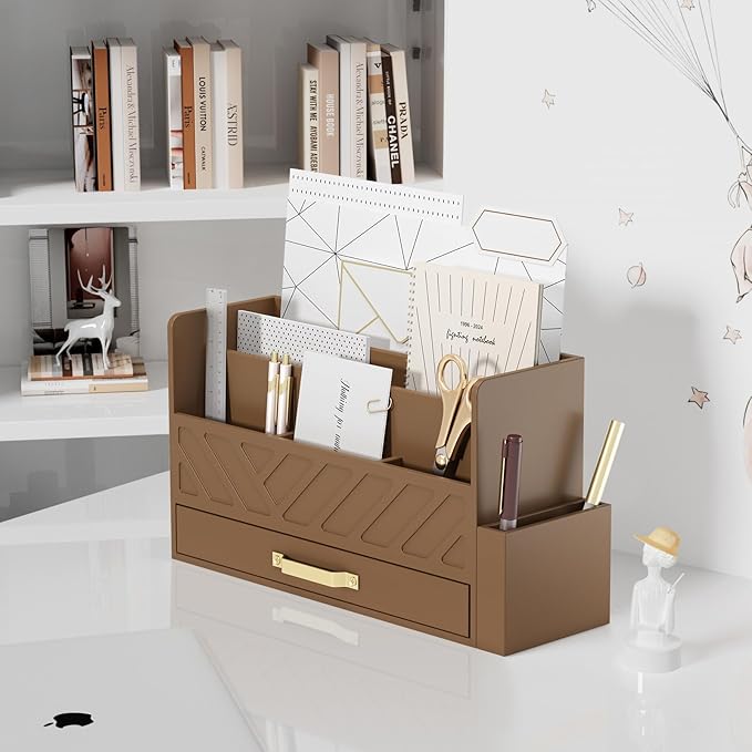 WISUCART Bamboo Desk Organizer Mail Holder Countertop Wood Desk Drawer Tabletop - Image 3