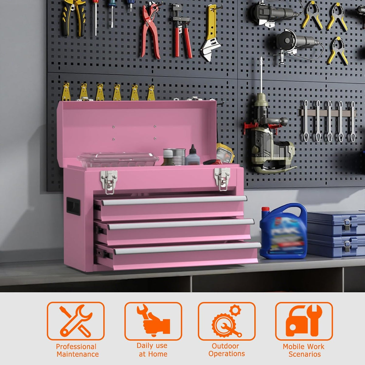 Portable Metal Tool Box with Drawers, Latches Tool Box with EVC Liners for Ga...