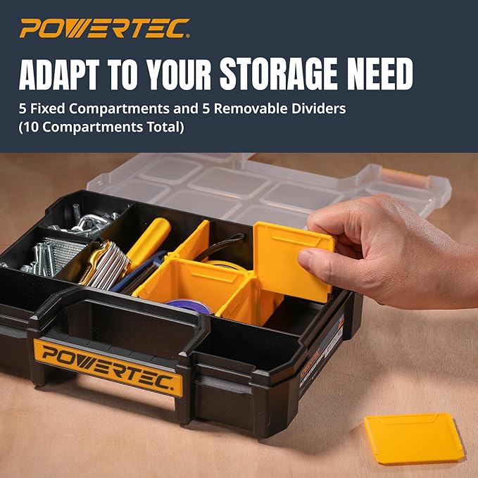 POWERTEC Small Parts Organizer & Tool Box – 10 Compartments, Stackable Storage - Image 3