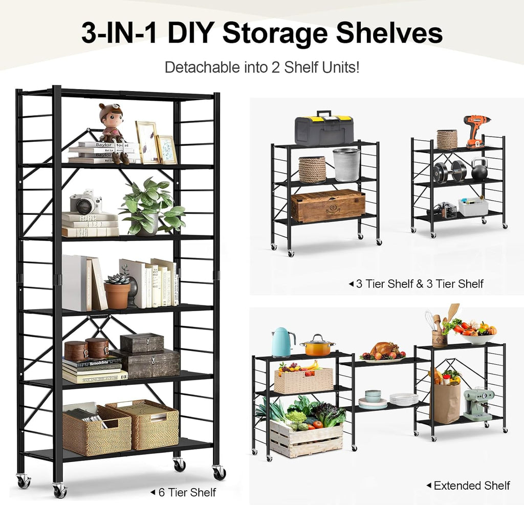himix 6-tier foldable storage shelves with wheels adjustable, close-up detail