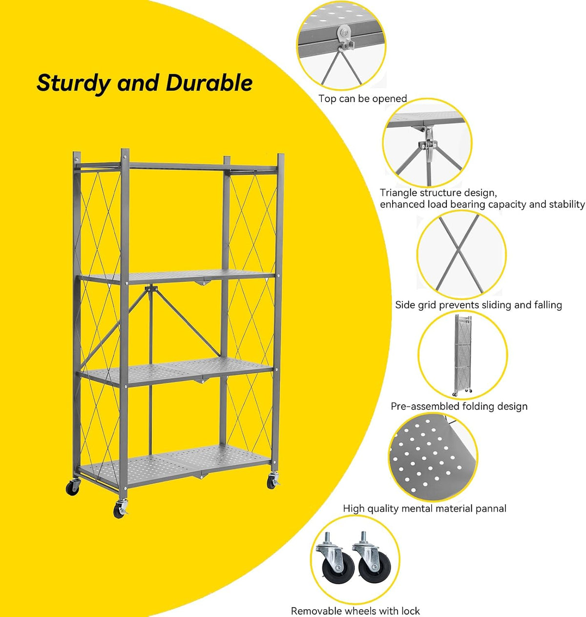 BRIAN & DANY 4-Tier Foldable Storage Shelves with Wheels, Folding Metal R...