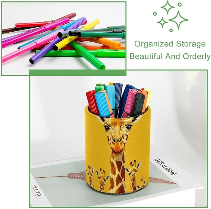 Leather Pen Holder for Desk, Cute Giraffe Pencil Cup Desktop Organizer Makeup - Image 3