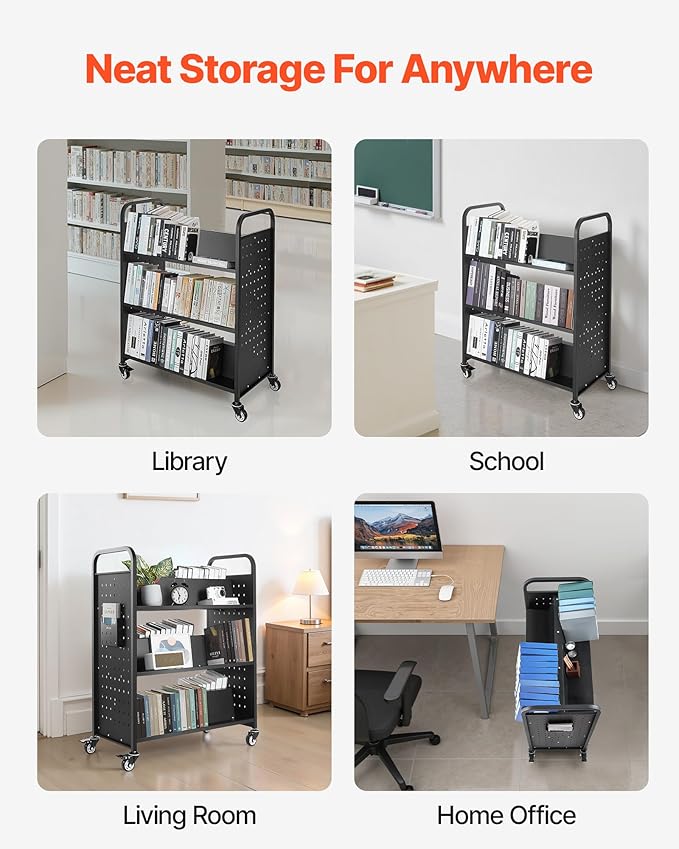 VEVOR Rolling Library Book Cart, 330 lbs Capacity, 38.2 x 20.3 x 48.2-Inch - Image 8