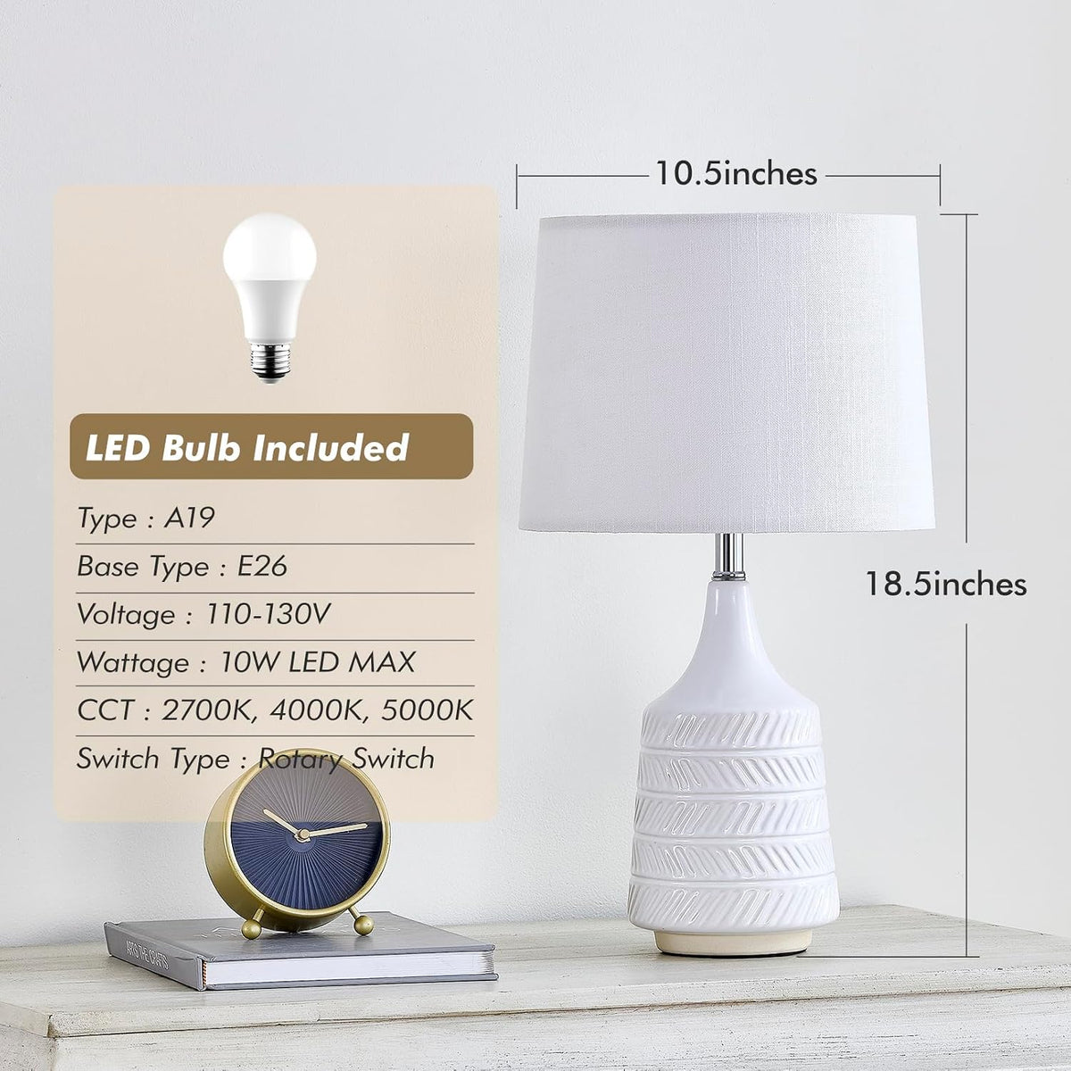 18.5" White Ceramic Table Lamp, Decor Farmhouse Lamps for Living Room En...