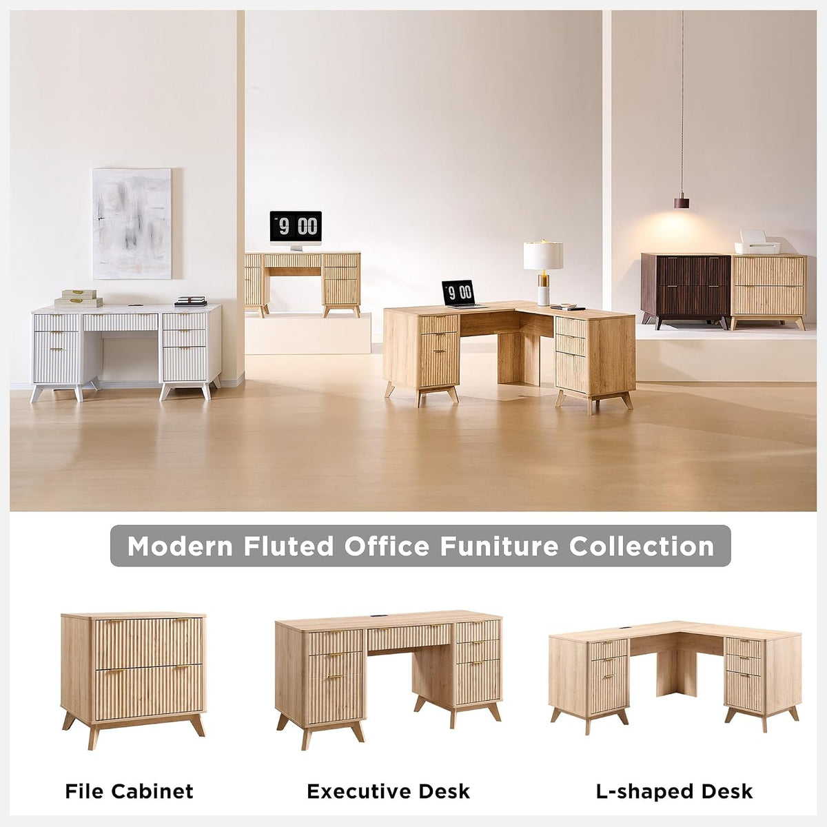 T4TREAM 60-Inch Modern Fluted Executive Desk with Drawers, Natural Oak