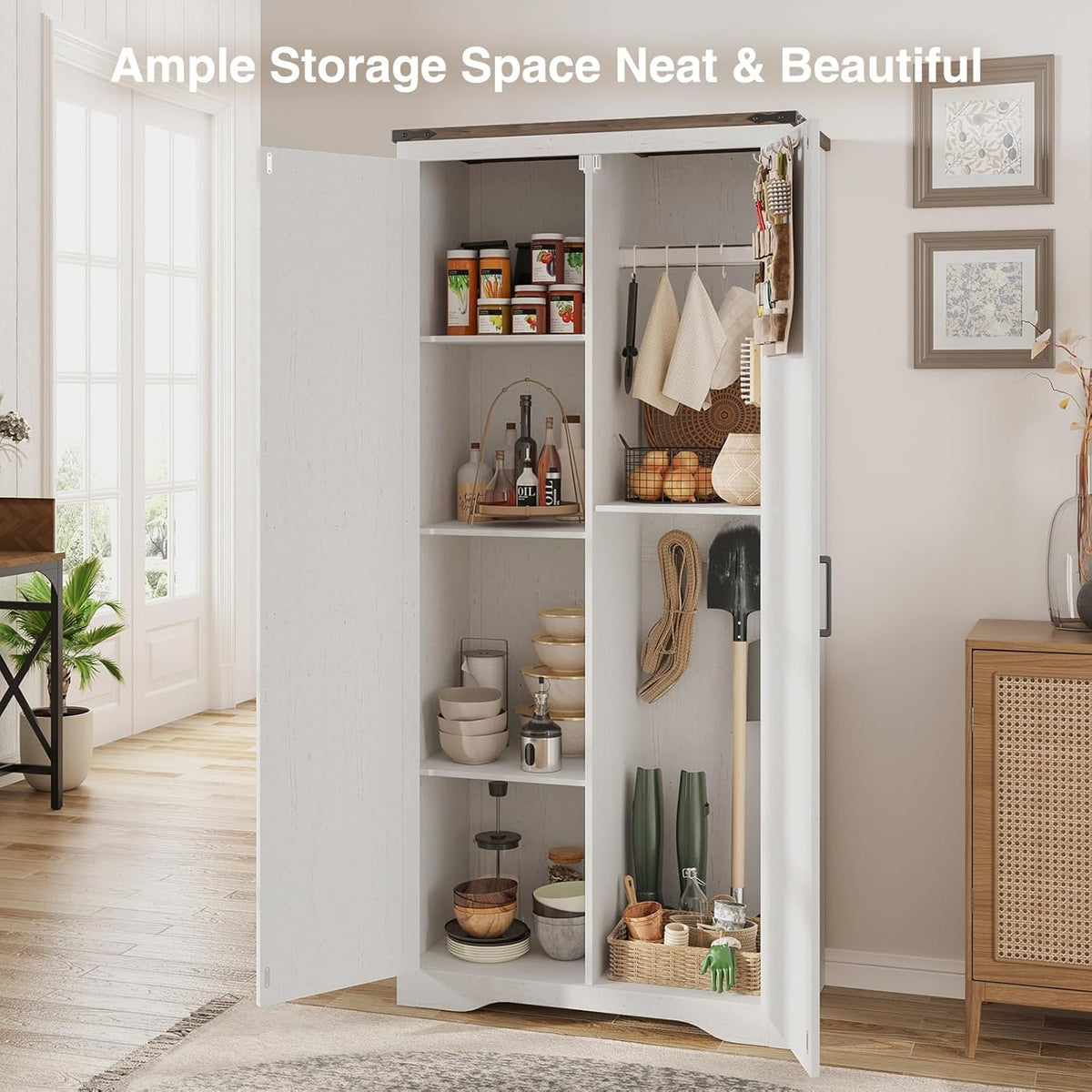 68.9" broom closet storage cabinet, large utility closet, close-up detail
