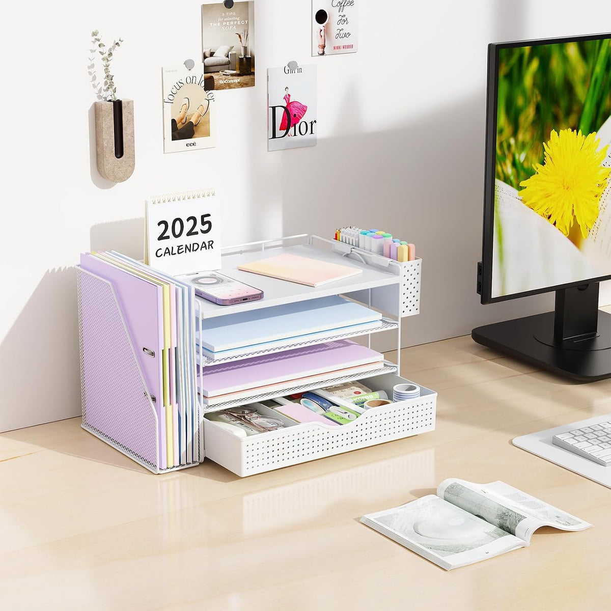Wood Desk Organizers and Accessories with File Holder & Catalog Racks