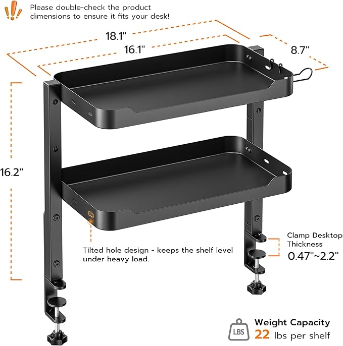 ARES WING 2-Tier Clamp On Desk Shelf, 16 inch Adjustable Above or Under Desk - Image 2