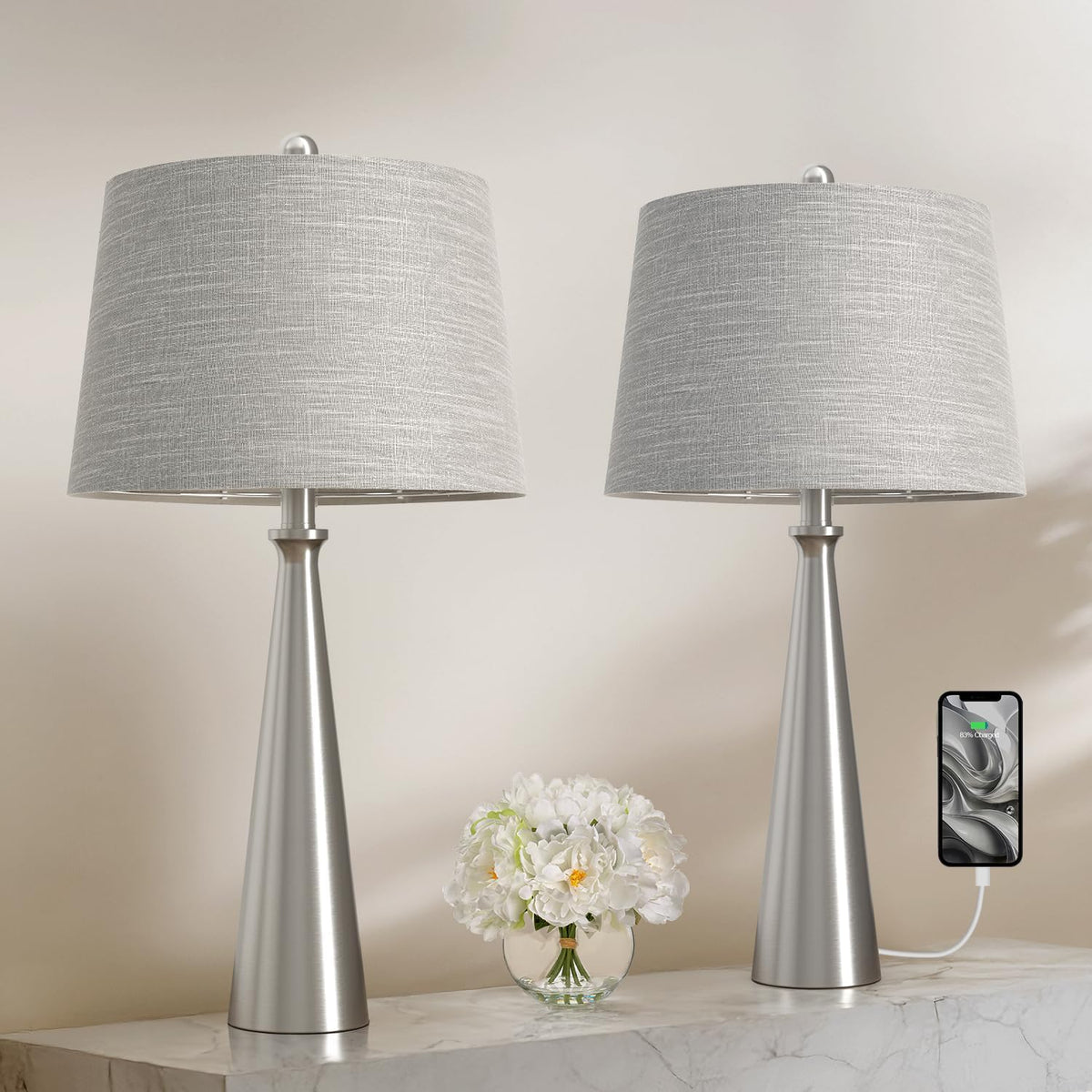 Oneach 25.75" Modern Table Lamp for Bedroom Set of 2, USB C Port, Silver
